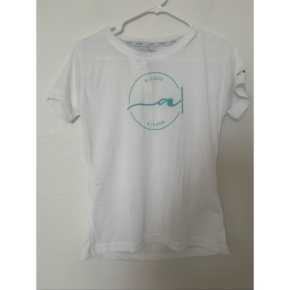 NWT ALOUD White Graphic Logo T-Shirt Tee Turquoise Print Size M
